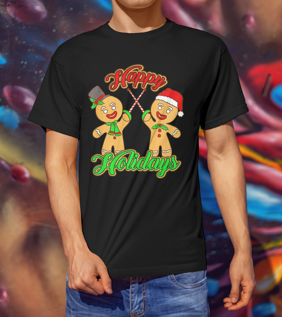 Happy Holidays Gingerbread Men Fencing With Candy Canes T-Shirt