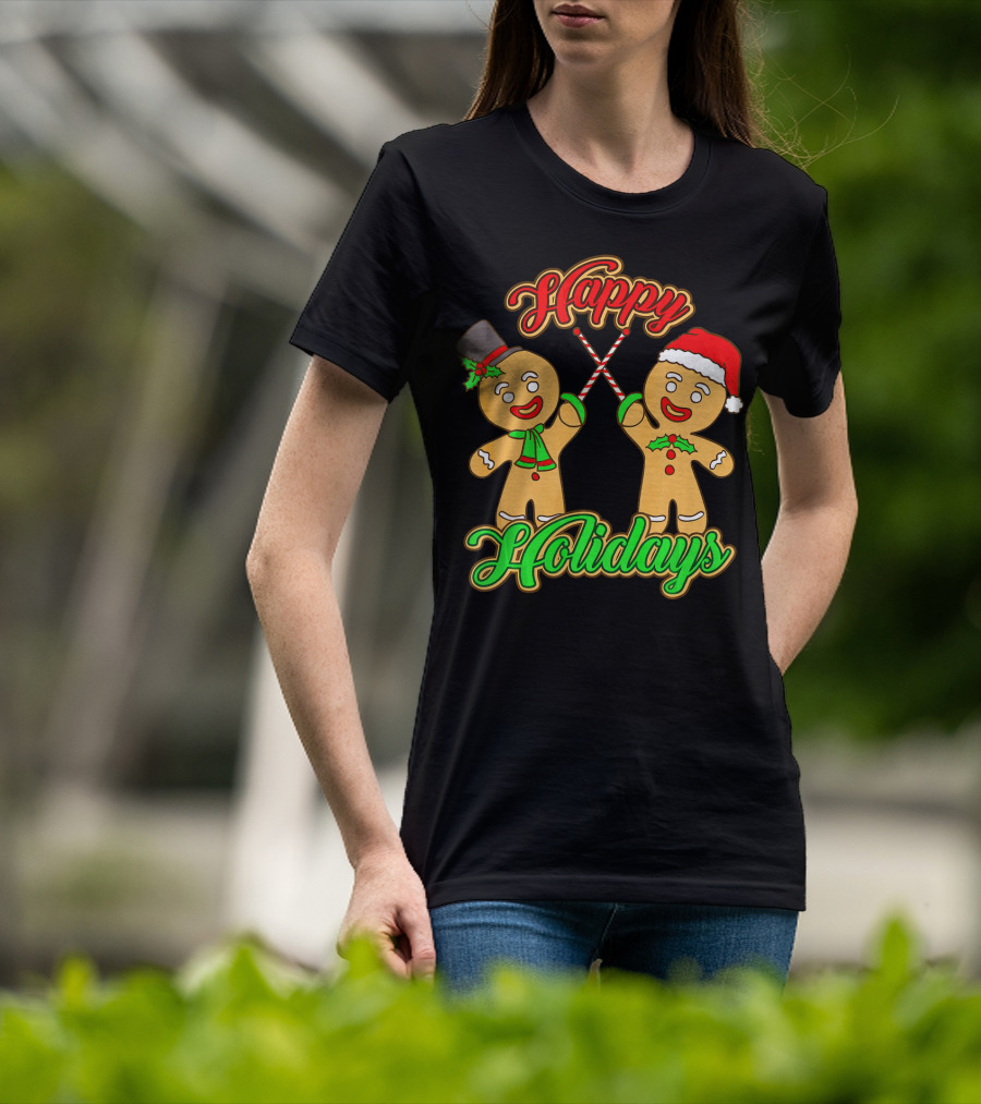 Happy Holidays Gingerbread Men Fencing With Candy Canes T-Shirt