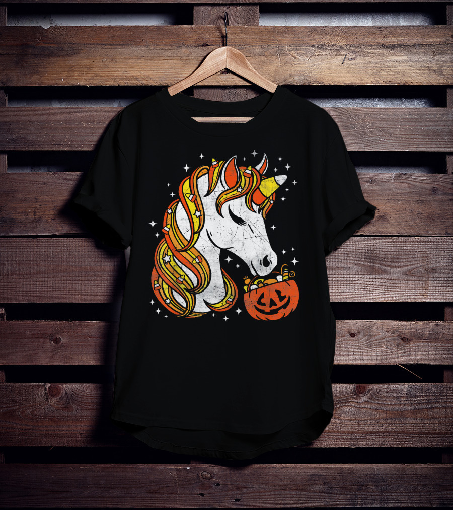 Candy Corn Unicorn With Jack-O'-Lantern Stars Halloween Top T-Shirt