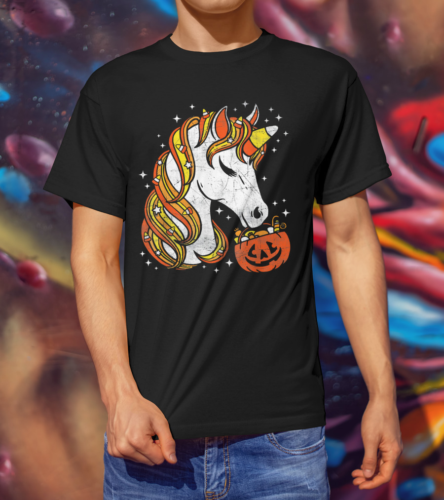Candy Corn Unicorn With Jack-O'-Lantern Stars Halloween Top T-Shirt