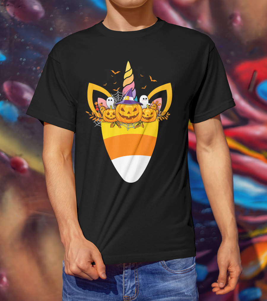Unicorn Candy Corn Pumpkin Ghost Halloween Boo T-Shirt