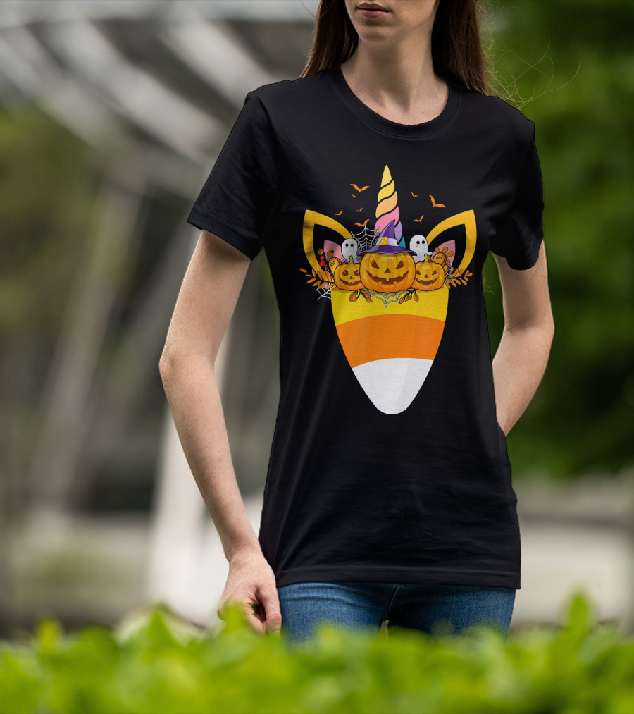 Unicorn Candy Corn Pumpkin Ghost Halloween Boo T-Shirt