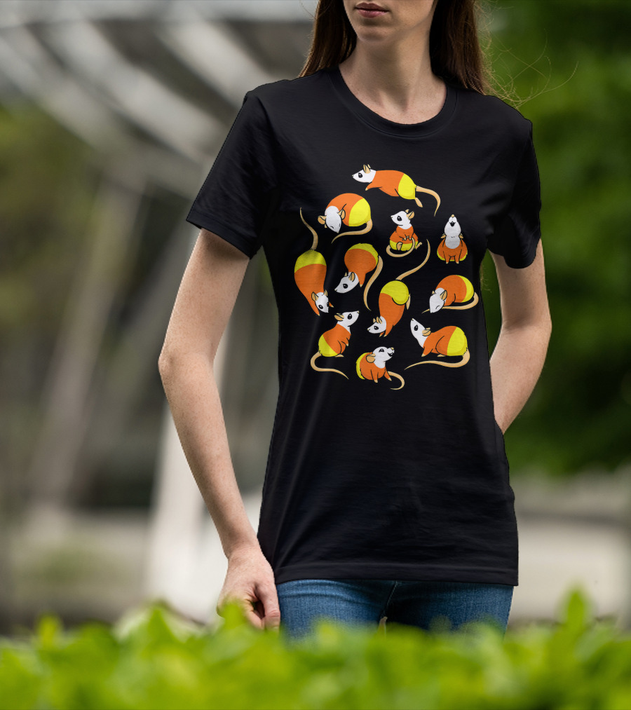 Candy Corn Rats Pattern Halloween-Themed T-Shirt