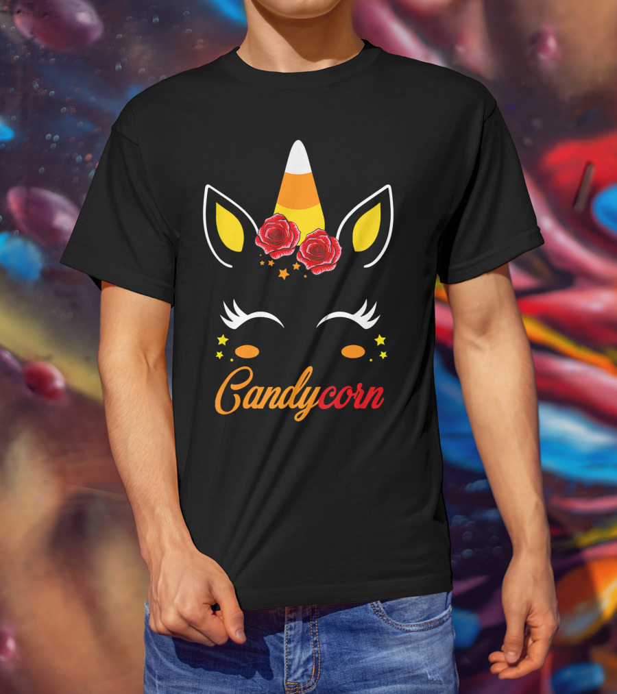 Candycorn Unicorn With Roses And Stars T-Shirt