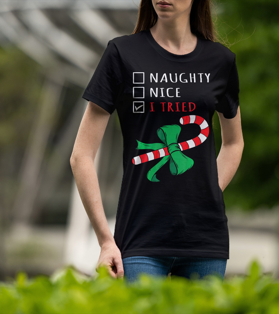 Naughty Nice I Tried Candy Cane Bow T-Shirt
