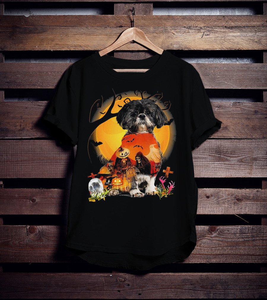 Shih Tzu Halloween Night With Pumpkins, Ghosts, And Full Moon T-Shirt