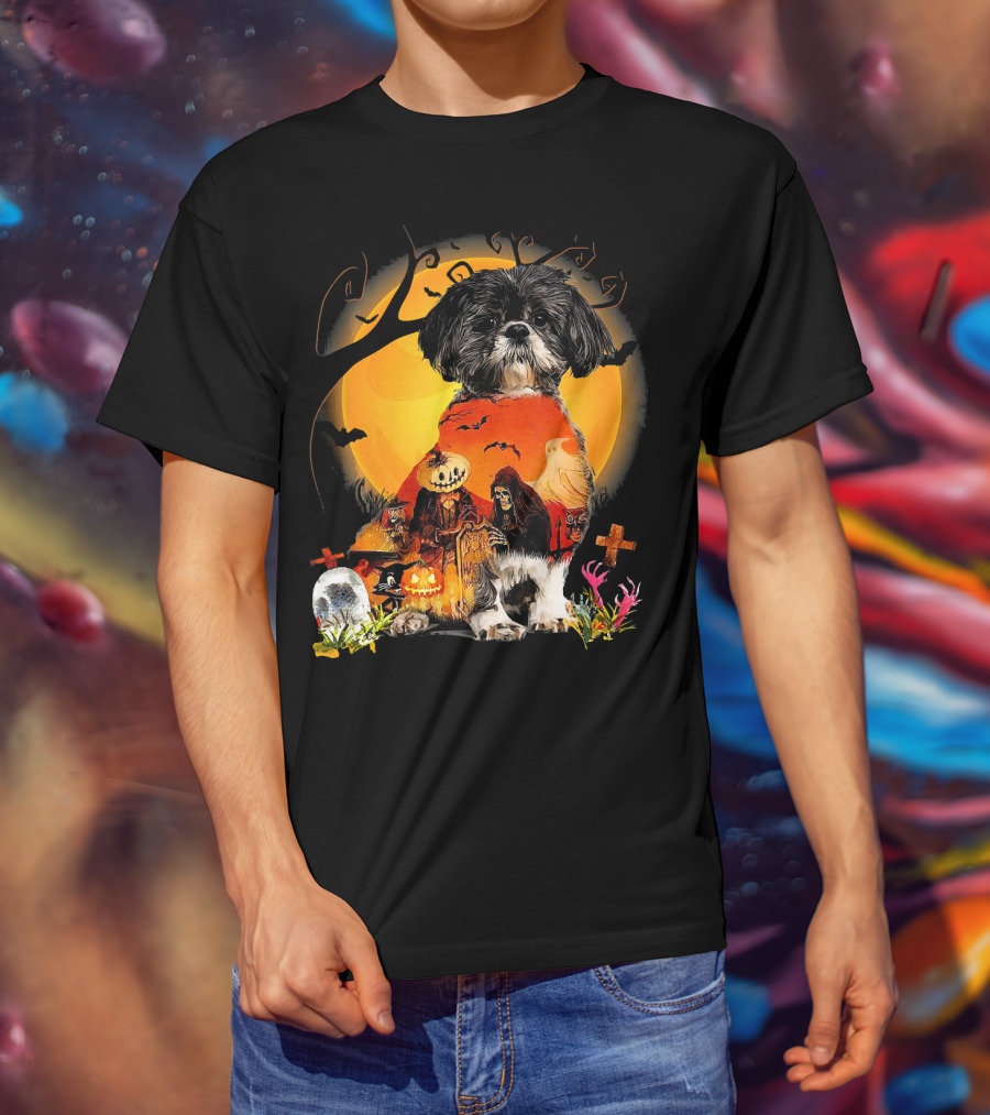 Shih Tzu Halloween Night With Pumpkins, Ghosts, And Full Moon T-Shirt