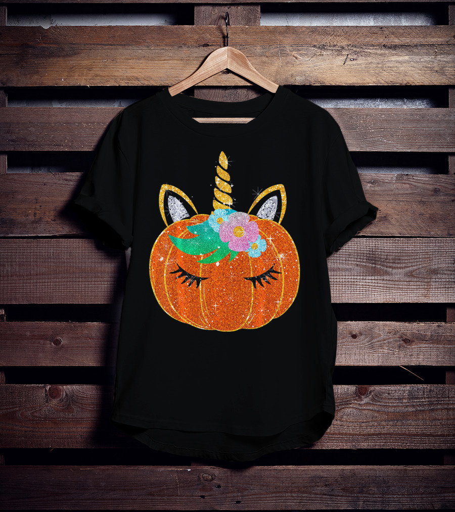 Sparkly Unicorn Pumpkin Halloween T-Shirt
