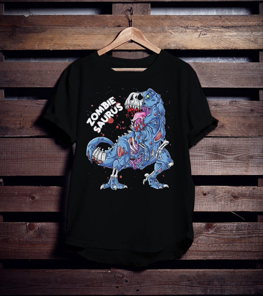 Zombie Saurus Halloween Kids Dinosaur Skeleton Blue T-Shirt