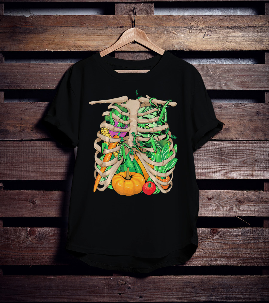 Cool Vegetable Skeleton Halloween Costume Vegetables Ribs Pumpkin Peas Corn Carrot T-Shirt
