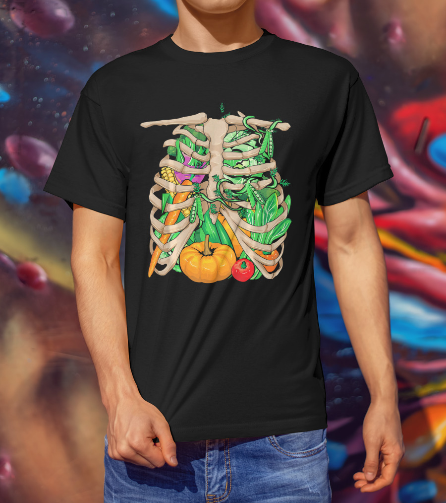 Cool Vegetable Skeleton Halloween Costume Vegetables Ribs Pumpkin Peas Corn Carrot T-Shirt