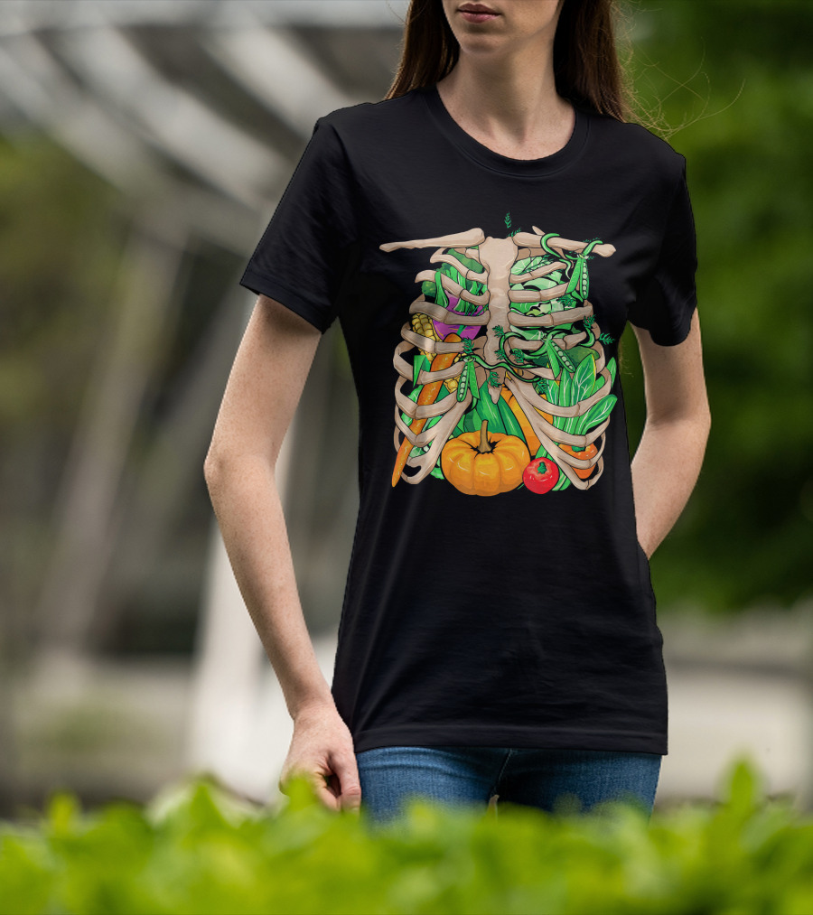 Cool Vegetable Skeleton Halloween Costume Vegetables Ribs Pumpkin Peas Corn Carrot T-Shirt