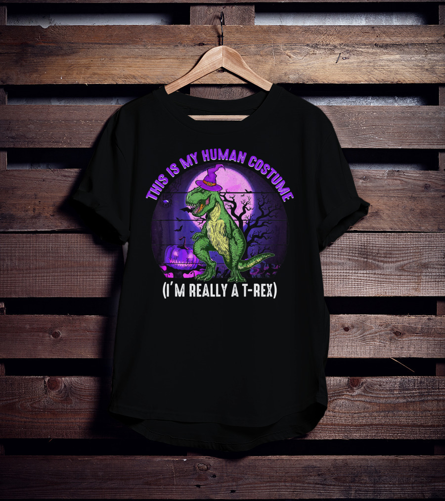 This Is My Human Costume I'm Really A T-Rex Funny Dinosaur Halloween Moon Wizard Hat T-Shirt