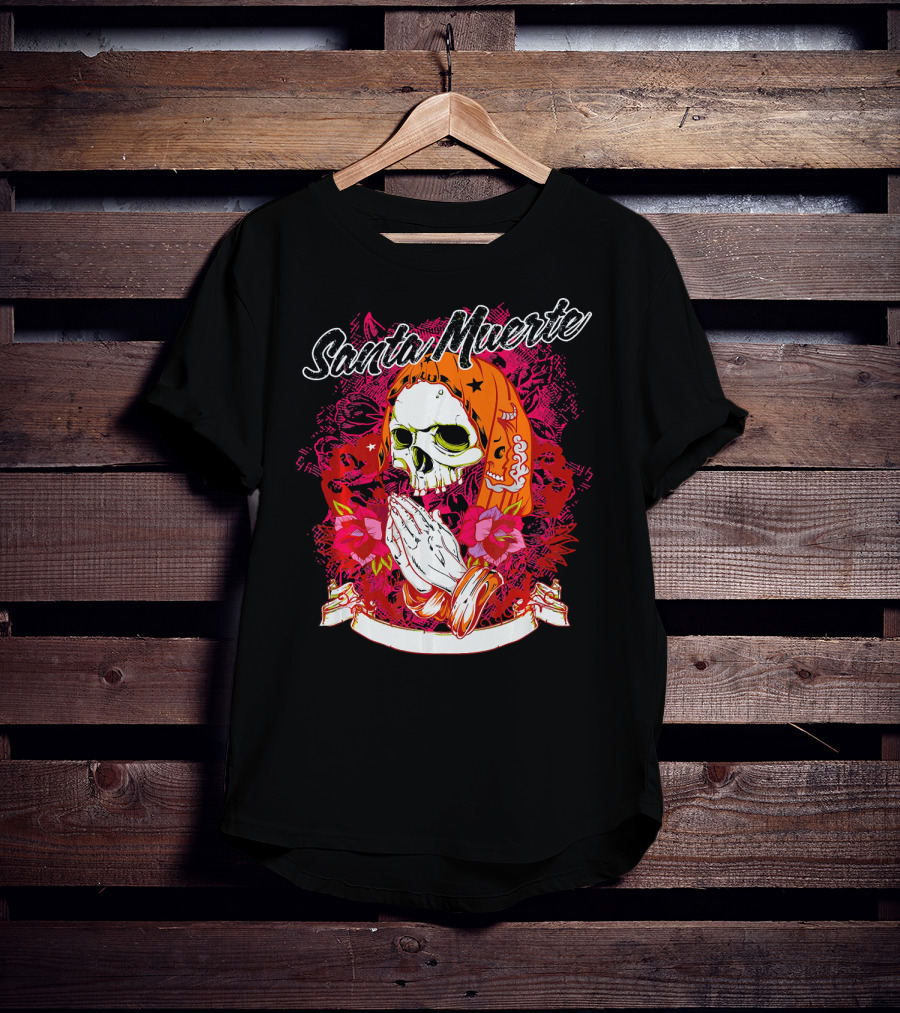 Santa Muerte Mexican Day Of The Dead Praying Skull With Flowers T-Shirt