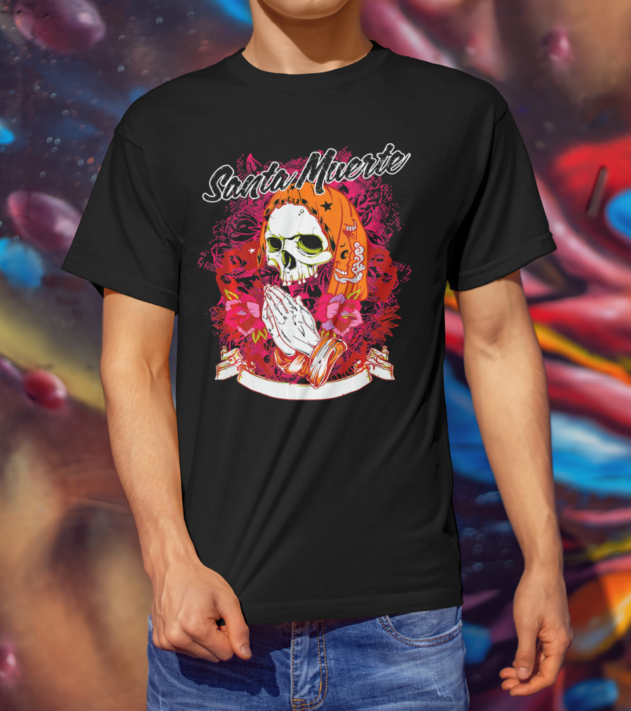 Santa Muerte Mexican Day Of The Dead Praying Skull With Flowers T-Shirt