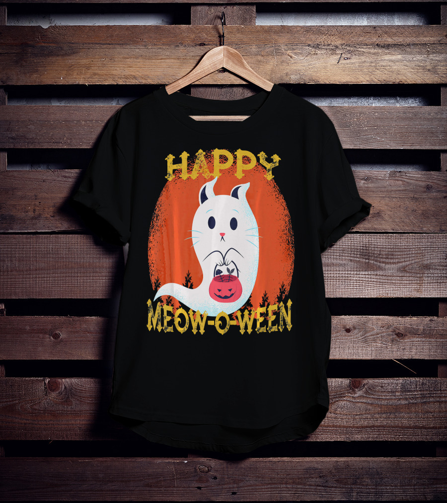 Happy Meow O Ween Cat Ghost With Pumpkin Bag T-Shirt