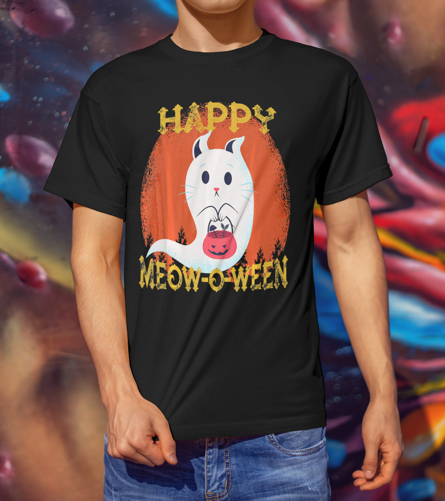 Happy Meow O Ween Cat Ghost With Pumpkin Bag T-Shirt