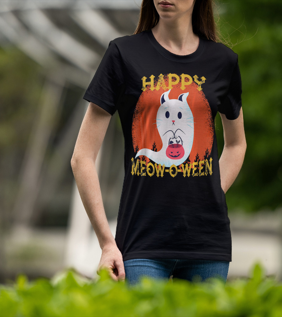 Happy Meow O Ween Cat Ghost With Pumpkin Bag T-Shirt