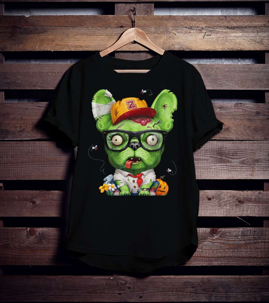 French Bulldog Wearing Zombie Glasses Halloween Hat T-Shirt