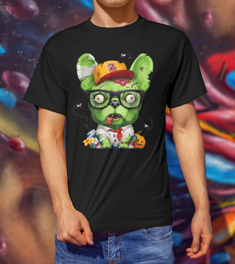 French Bulldog Wearing Zombie Glasses Halloween Hat T-Shirt