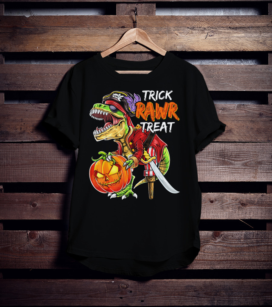 Trick Rawr Treat Pirate Dinosaur Halloween Pumpkin Jack T-Shirt