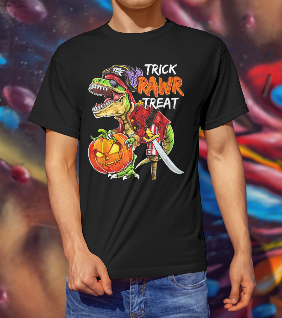 Trick Rawr Treat Pirate Dinosaur Halloween Pumpkin Jack T-Shirt