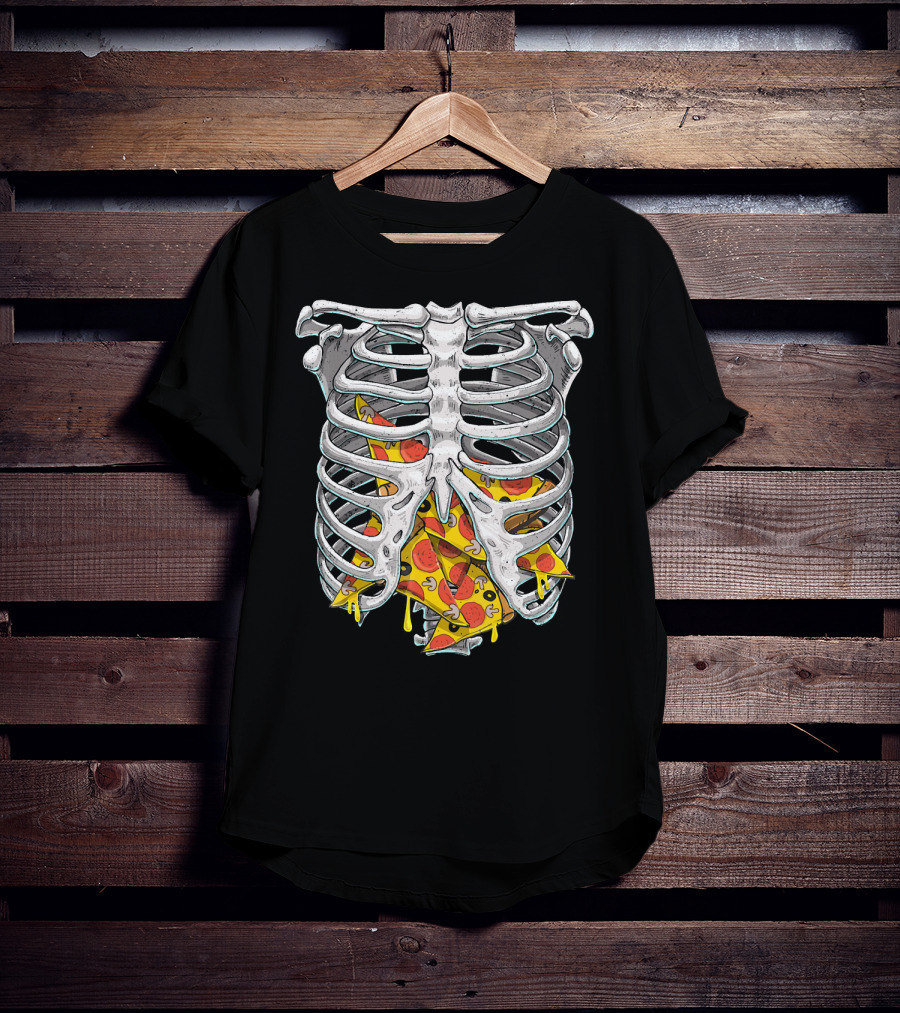 Skeleton Rib Cage Halloween Pizza Slices Inside T-Shirt