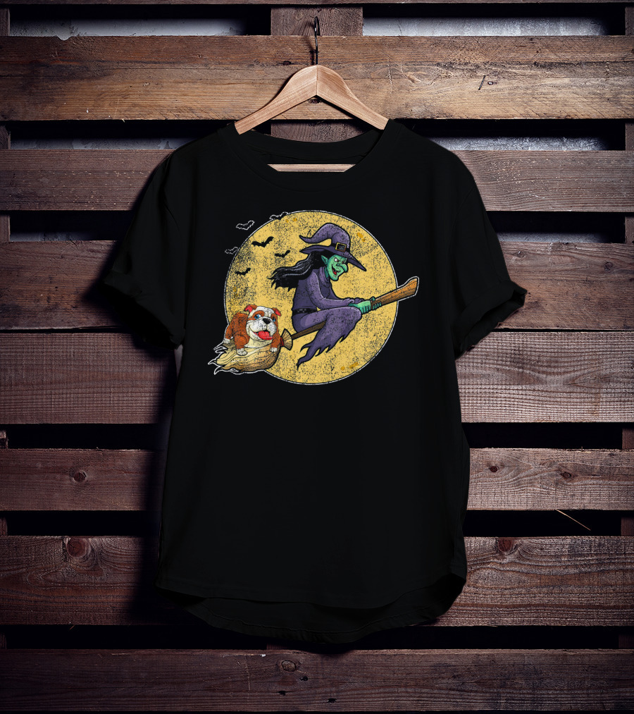 Halloween Witch Bulldog Dog Lovers Flying Grunge Full Moon Scene T-Shirt