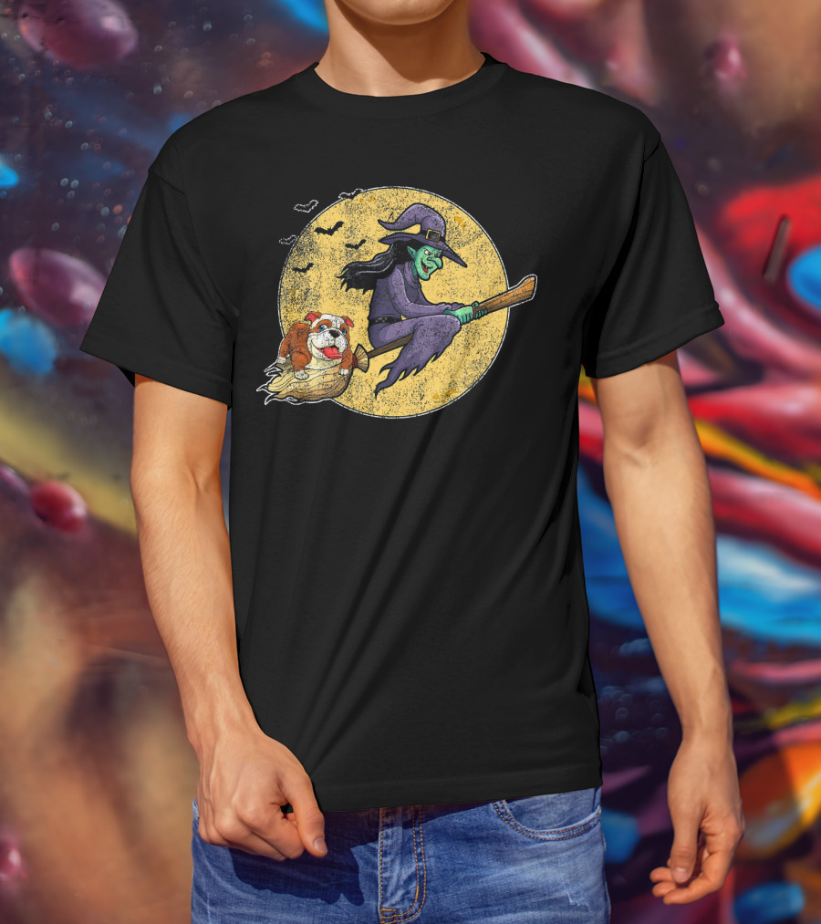 Halloween Witch Bulldog Dog Lovers Flying Grunge Full Moon Scene T-Shirt