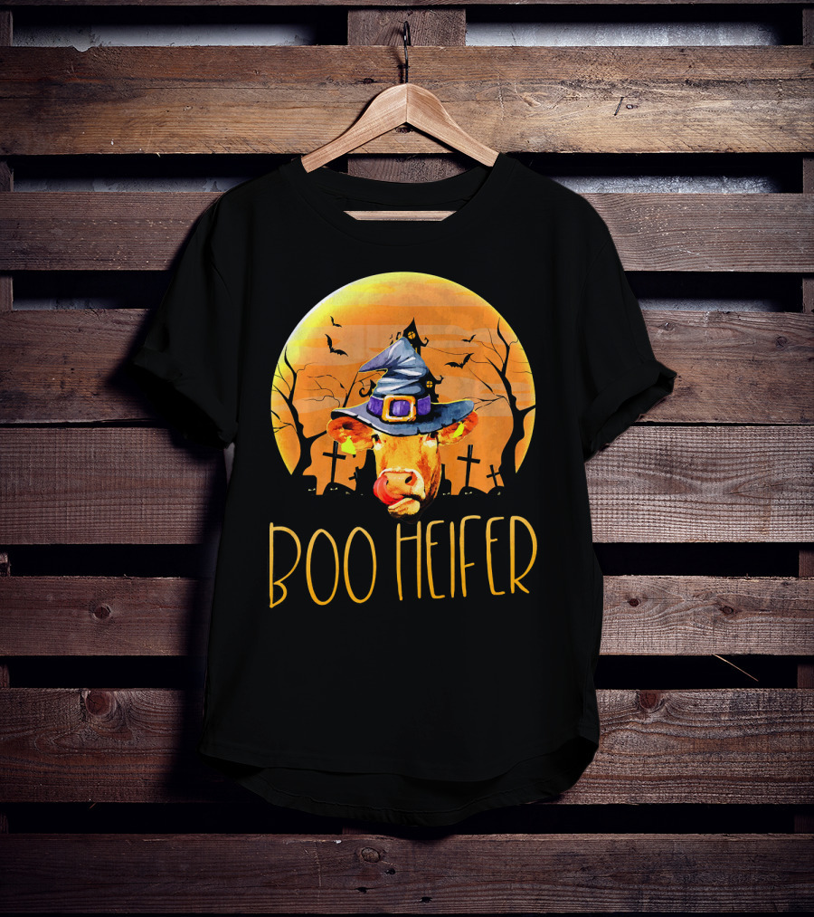 Boo Heifer Halloween Cow In Witch Hat With Graveyard And Bats T-Shirt