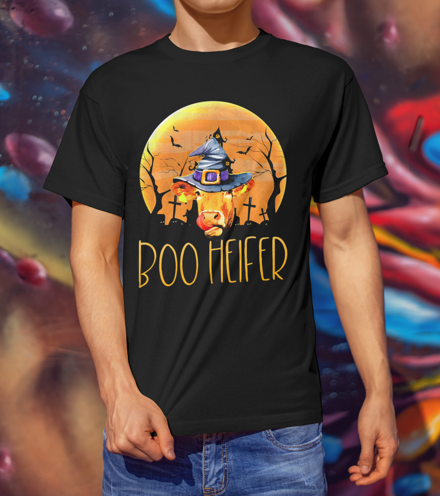 Boo Heifer Halloween Cow In Witch Hat With Graveyard And Bats T-Shirt