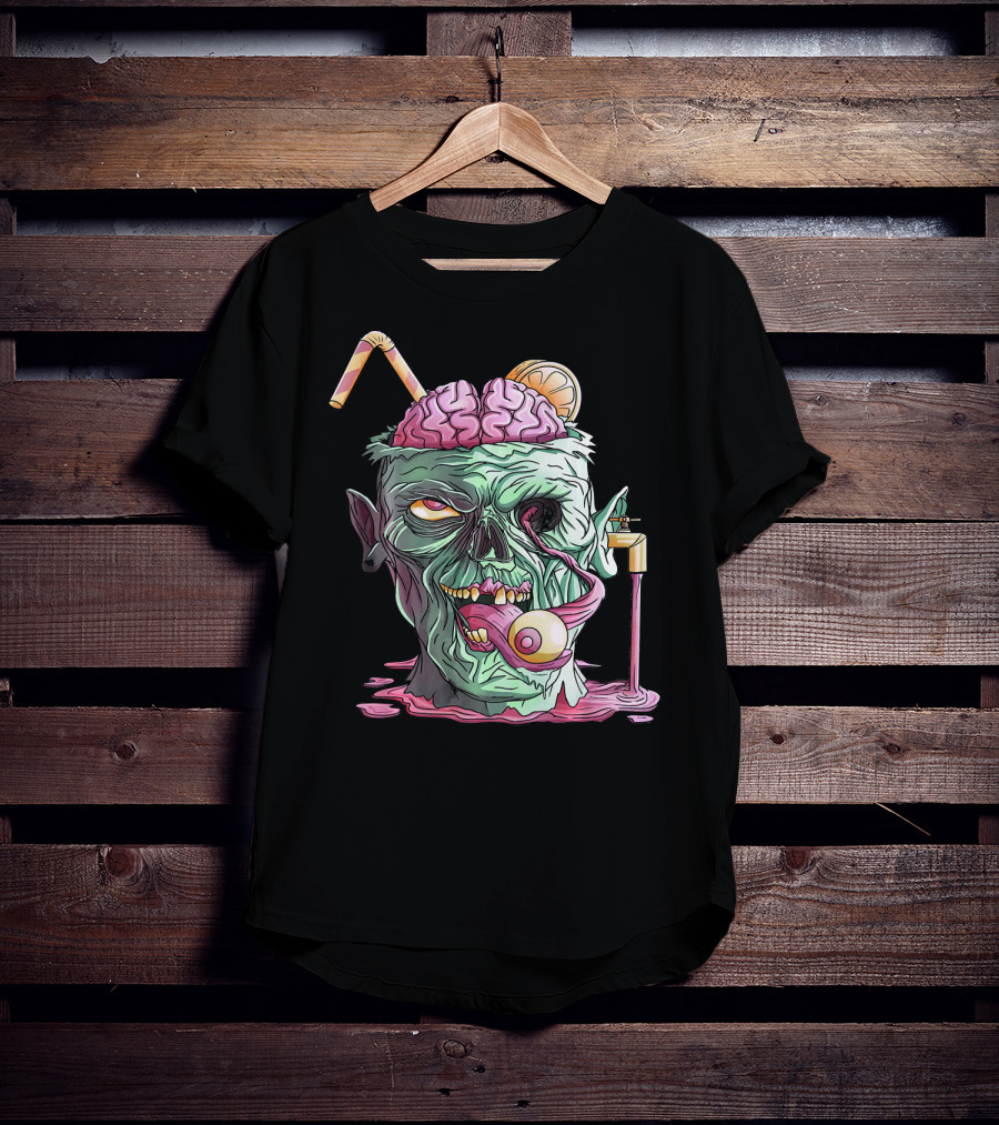 Zombie Face Brain Halloween Zombies Straw Brain Drink Eyeball Tongue T-Shirt