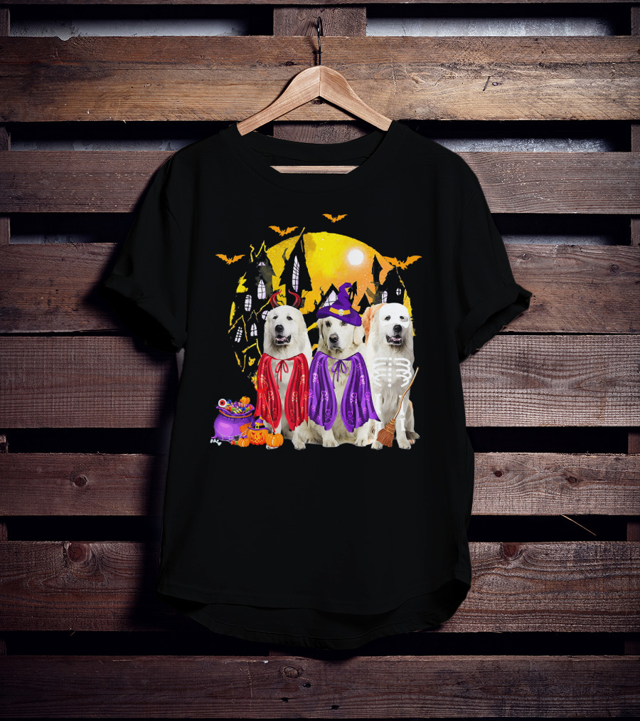 Great Pyrenees Dog Family Of Three Halloween Costumes Moonlit Night T-Shirt