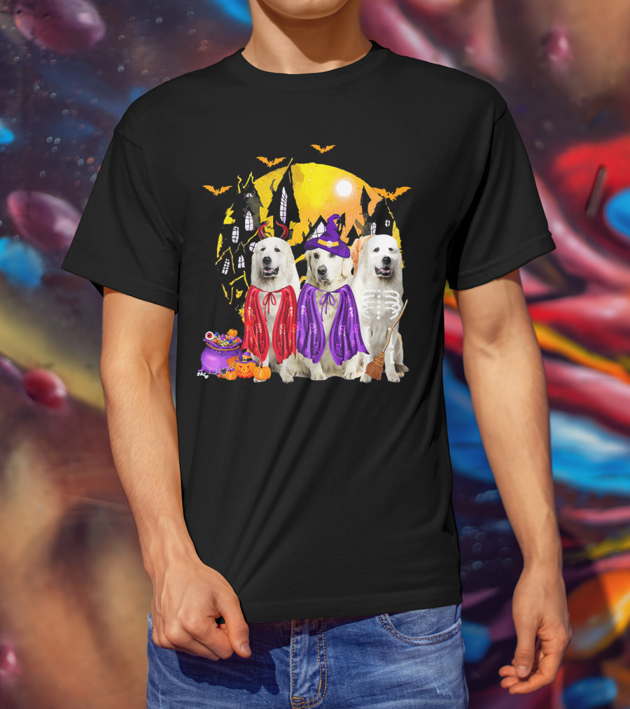 Great Pyrenees Dog Family Of Three Halloween Costumes Moonlit Night T-Shirt