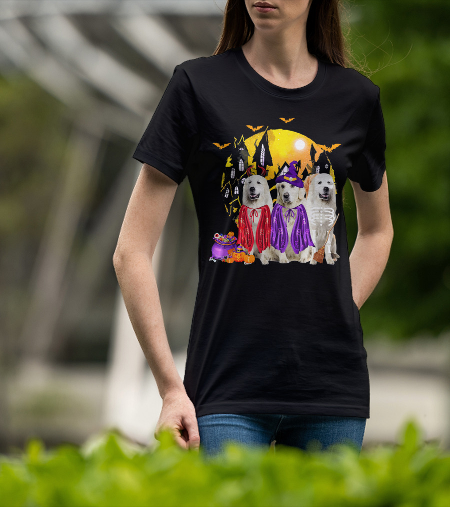 Great Pyrenees Dog Family Of Three Halloween Costumes Moonlit Night T-Shirt