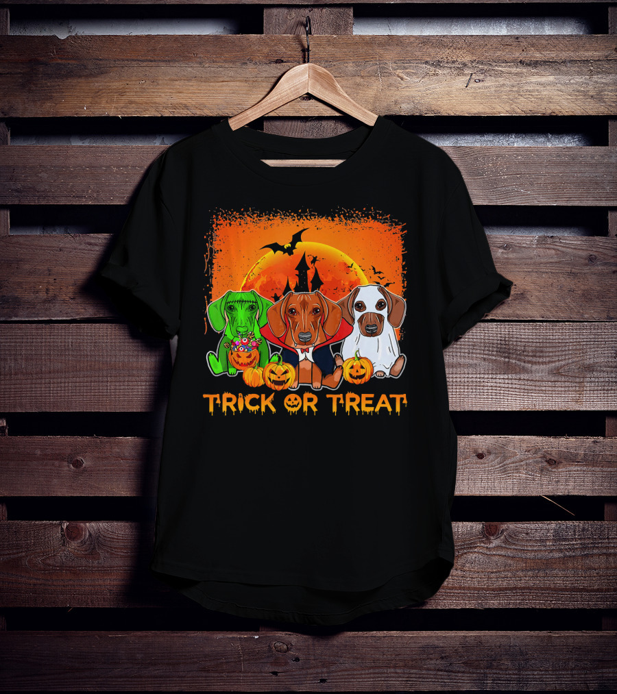 Halloween Dachshund Trio Trick Or Treat With Pumpkins And Moon Background T-Shirt