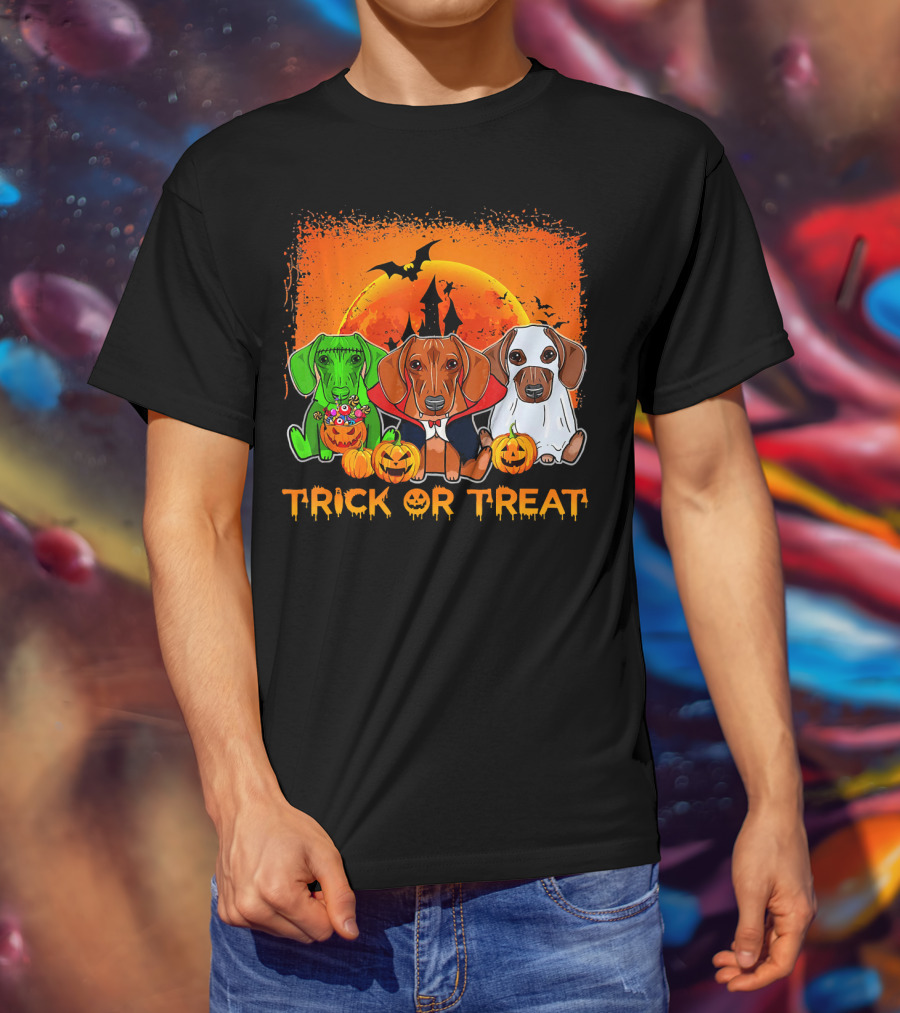 Halloween Dachshund Trio Trick Or Treat With Pumpkins And Moon Background T-Shirt