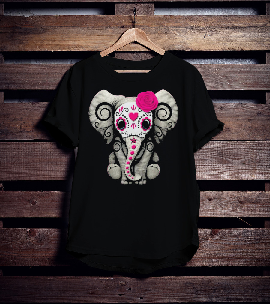 Dead Sugar Skull Elephant Pink Flower T-Shirt