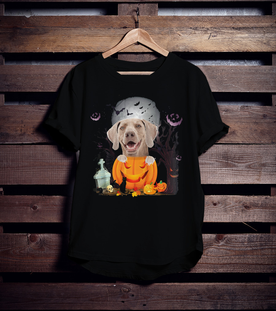 Weimaraner Dog In Halloween Pumpkin With Bats And Black Cat T-Shirt
