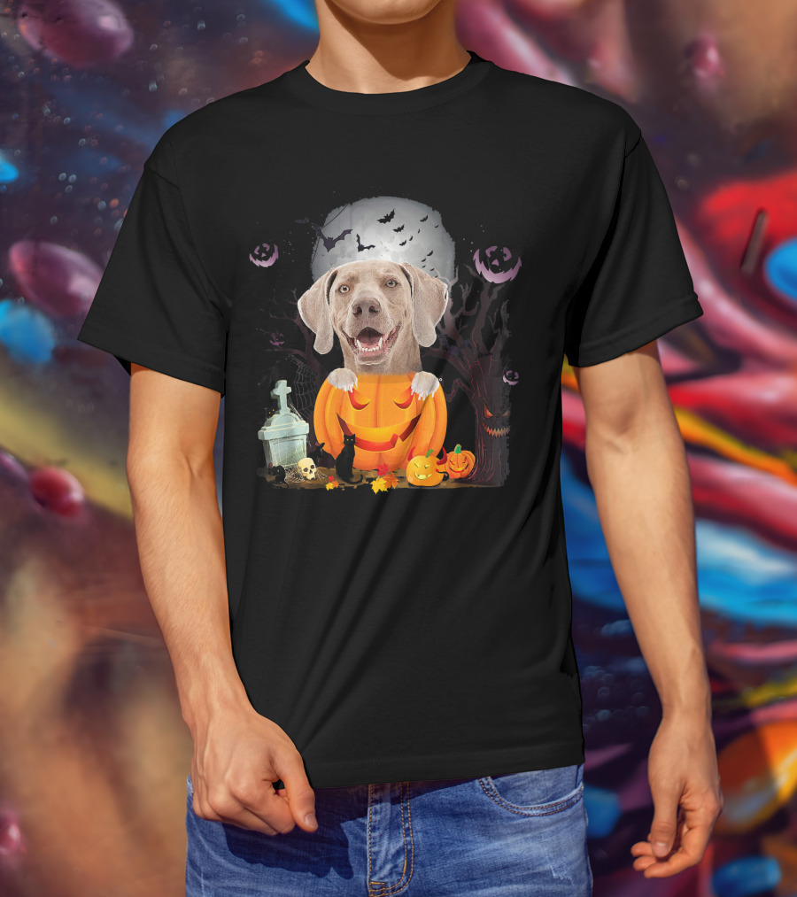 Weimaraner Dog In Halloween Pumpkin With Bats And Black Cat T-Shirt