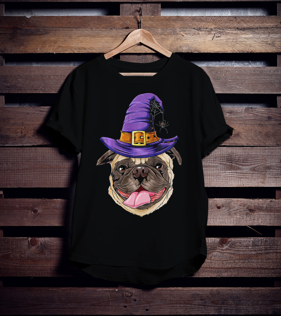 Pug With Witch Hat And Spider Halloween T-Shirt