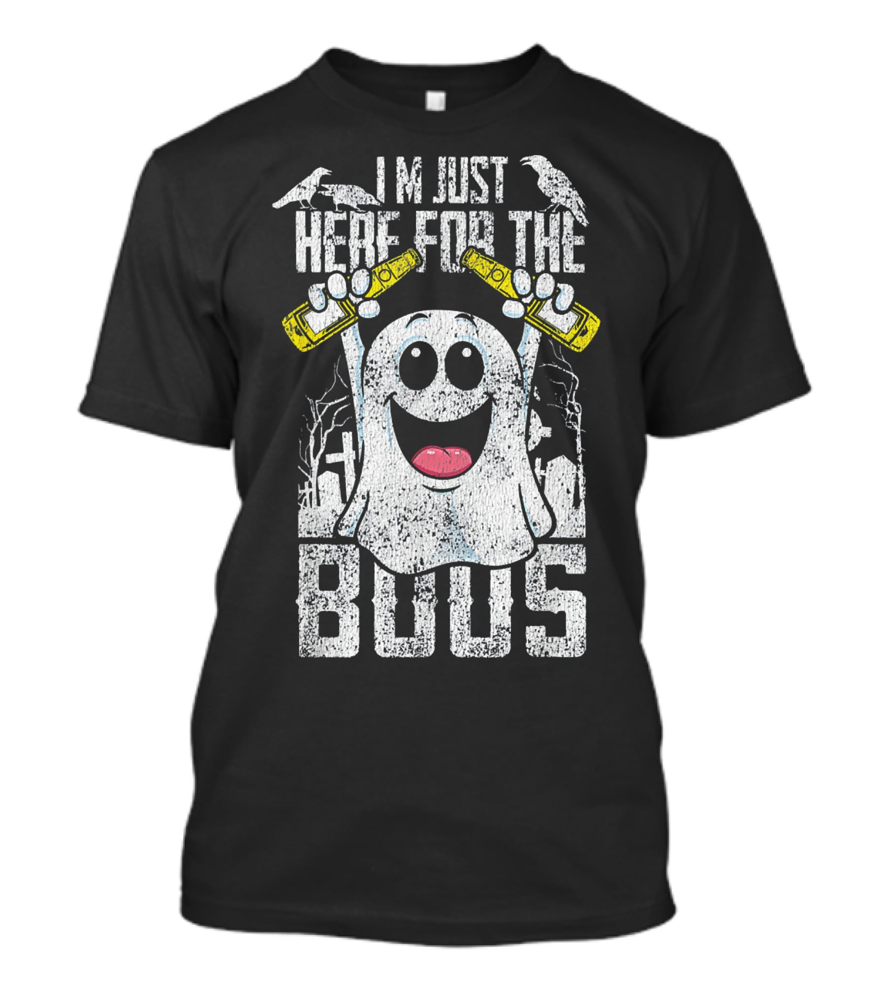 I Am Just Here For The Boos With Ghost Holding Bottles And Ravens Halloween T-Shirt