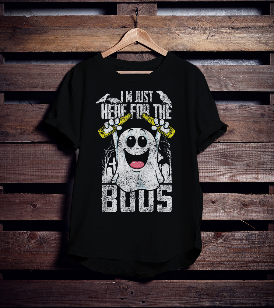 I Am Just Here For The Boos With Ghost Holding Bottles And Ravens Halloween T-Shirt