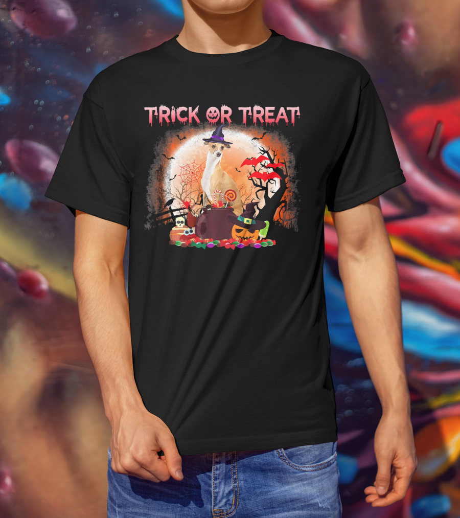 Trick Or Treat Italian Greyhound Halloween Magic Moonlit Scene T-Shirt