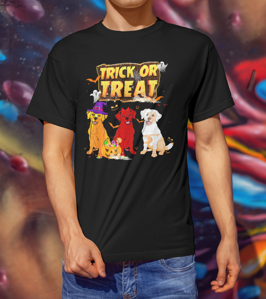 Trick Or Treat Three Labrador Retrievers Halloween Pumpkin Candy Ghosts T-Shirt