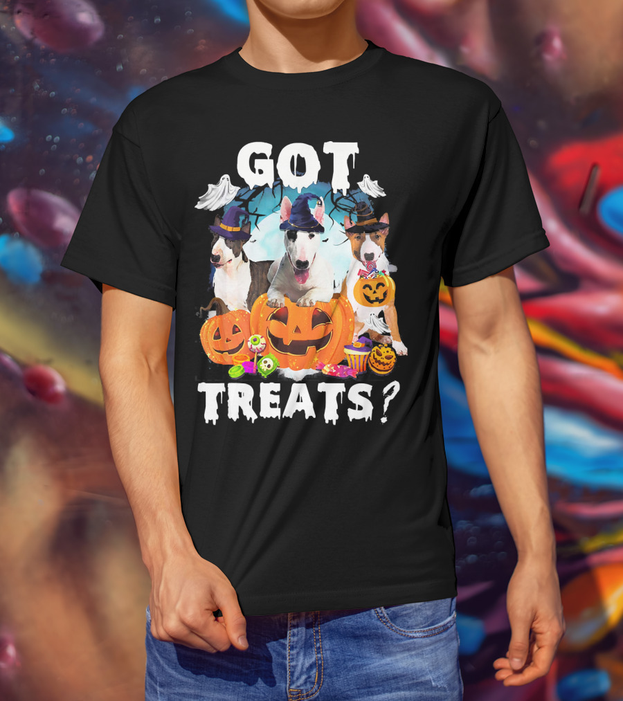 Got Treats Bull Terrier Halloween Ghosts Pumpkins T-Shirt