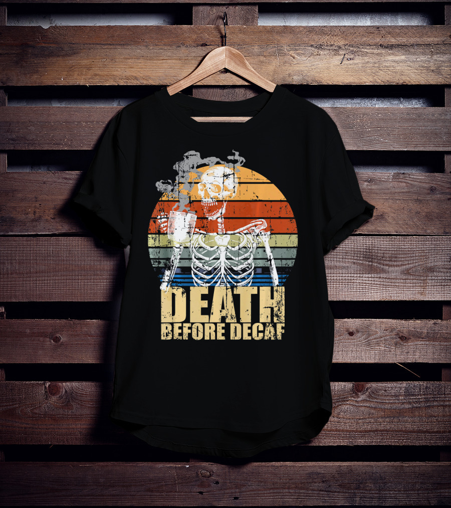 Vintage Death Before Decaf Coffee Skeleton Retro Sunset T-Shirt