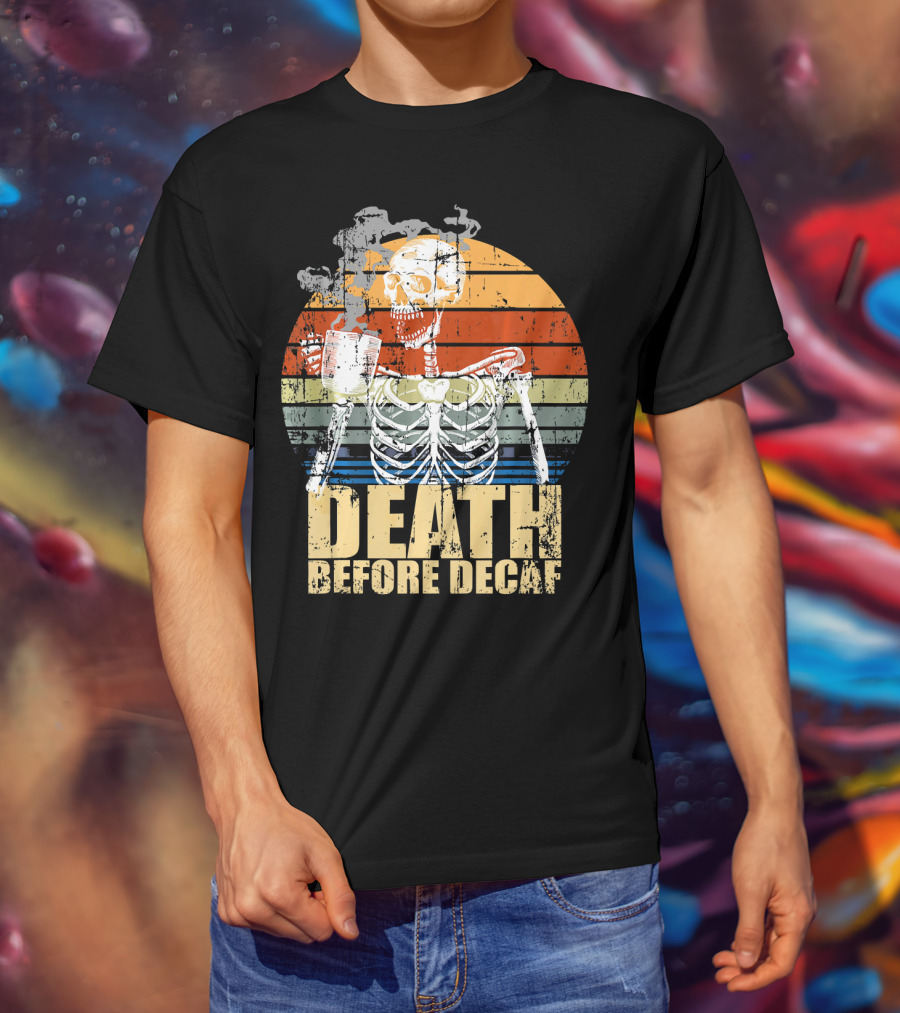 Vintage Death Before Decaf Coffee Skeleton Retro Sunset T-Shirt