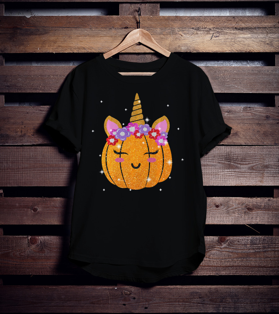 Cute Unicorn Pumpkin Glitter Funny Halloween Sparkles T-Shirt