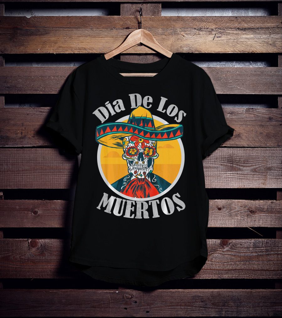 Dia De Los Muertos Skull With Sombrero And Floral Decoration T-Shirt